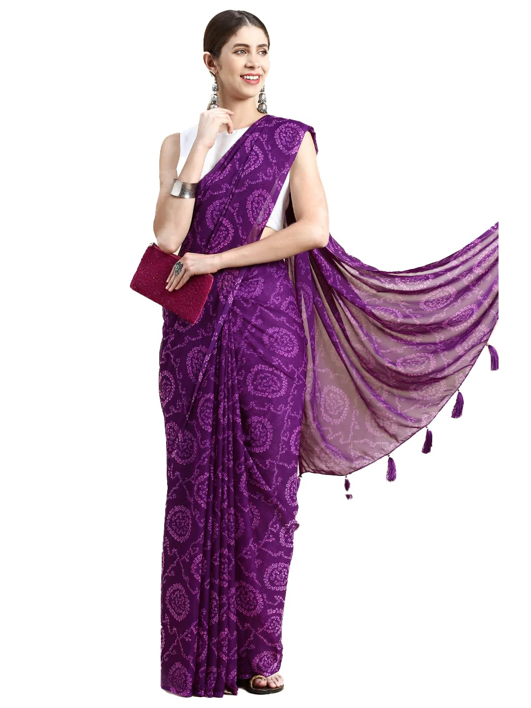 RANI SAAHIBA Women's Chiffon Bandhani Printed Saree Without Blouse.