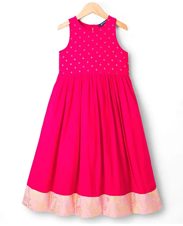 Viscose Woven Sleeveless Floral Foil Printed Ethnic Dress - Dark Pink