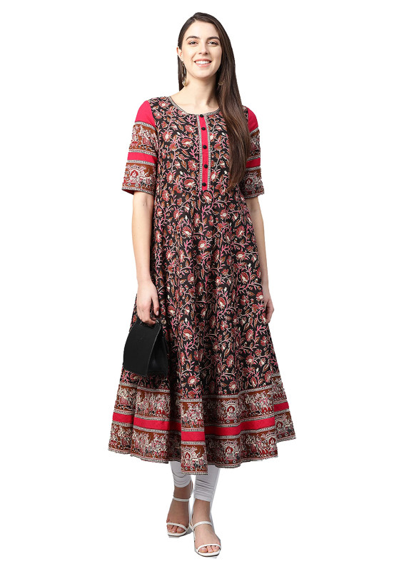 Women's Cotton Floral Printed Anarkali Kurta kurti for Women COLOR: Red+Black, Green+Black