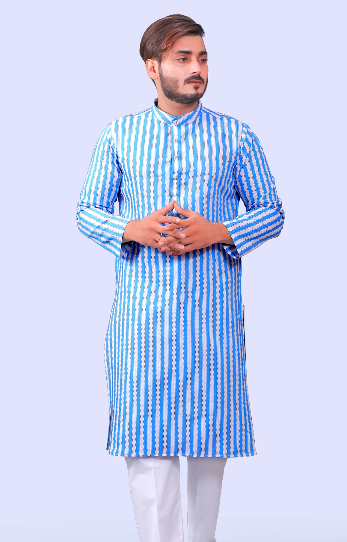Tibra Collection Men Striped Cotton Blend Straight Kurta (Blue, White)