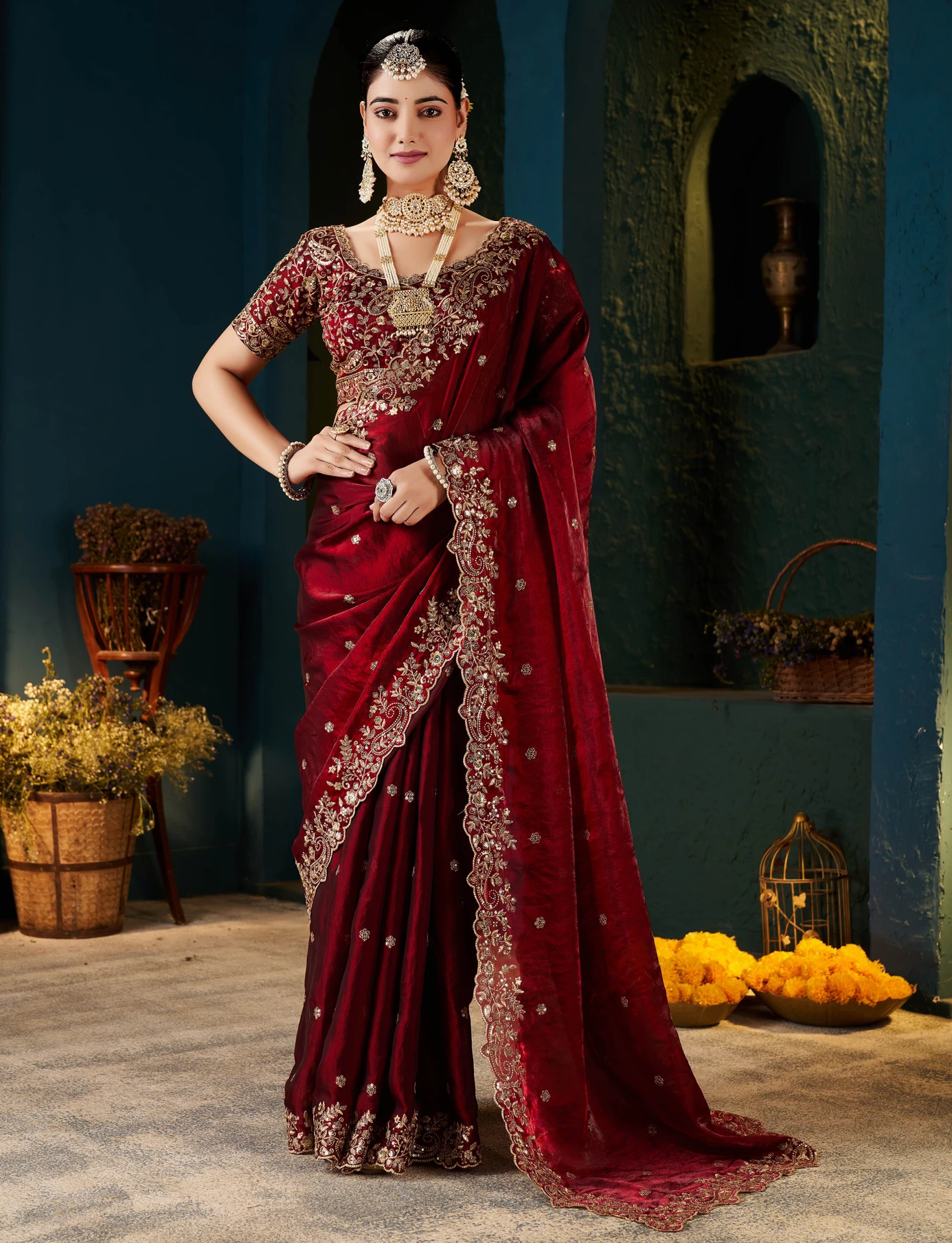 Vivan Fab Embroidered Bollywood Jimmy Jimmy, Satin Saree (Maroon)