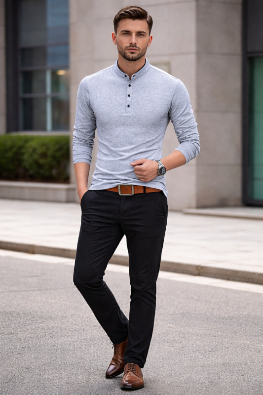 Cotton Regular Fit Solid Full Sleeves Men's Mandarin Collar T-Shirt - Grey ( Pack of 1 )