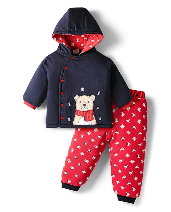 Knit Full Sleeves Winter Wear Hooded Sweatshirt & Lounge Pant Set With Polar Bear Patch & Snowflakes Print - Navy Blue & Red