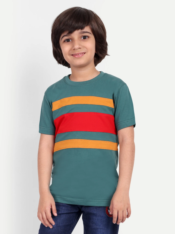 Boys Striped Pure Cotton Regular T Shirt (Green, Pack of 1)