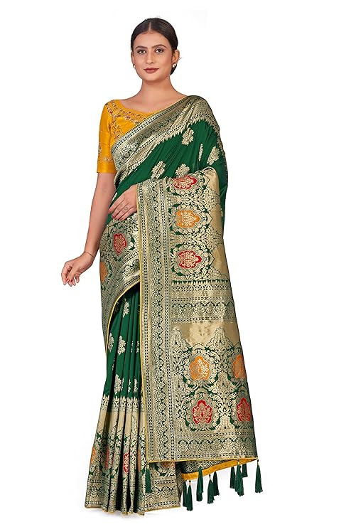 Monjolika Fashion Women's Banarasi Silk Blend Woven Saree in Dark Green With Embroidered Work Unsttiched Blouse Piece.