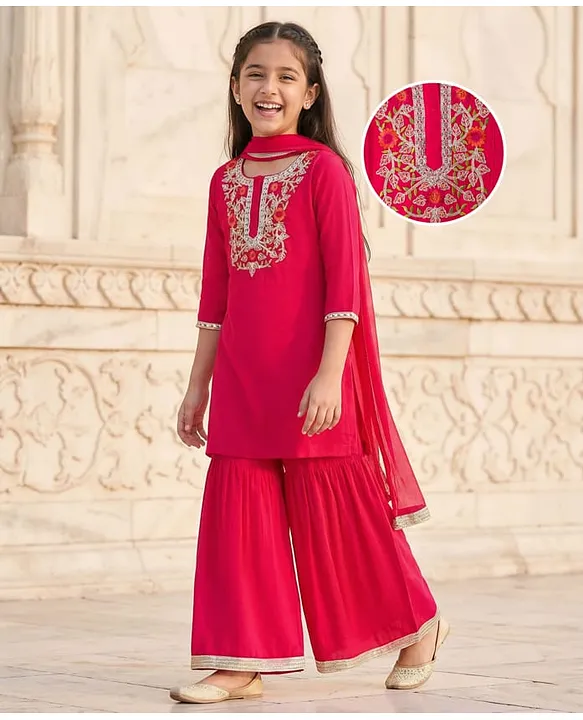 Woven Full Sleeves Kurti & Gharara & Dupatta Set With Floral Embroidery - Red