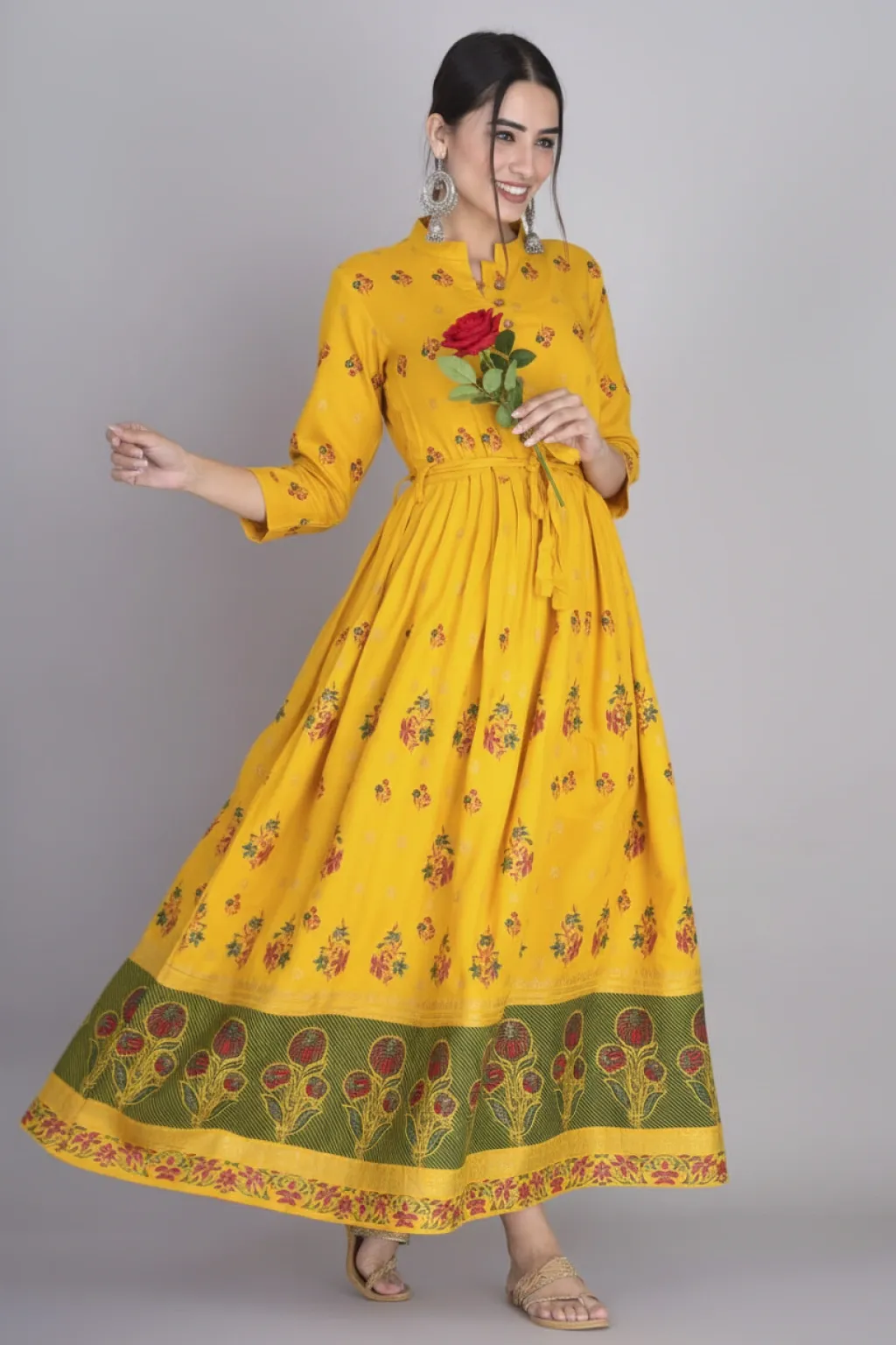 Anarkali Dress-Long Gown kurti in Rayon with Pleted waist and wooden Buttons