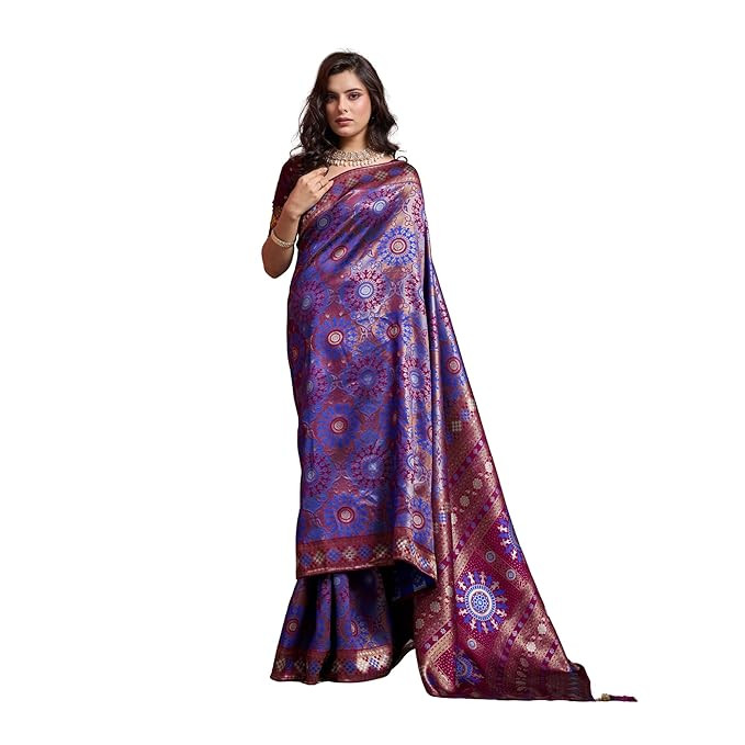 Womens Banarasi Jacquard Saree with Zari Woven Ethnic Motif Design and Running Blouse 5.5 Meter