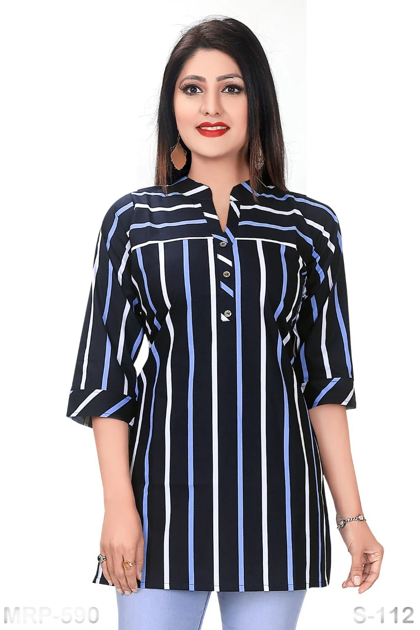 Blue with white strips Cotton Tops S-112-Prem
