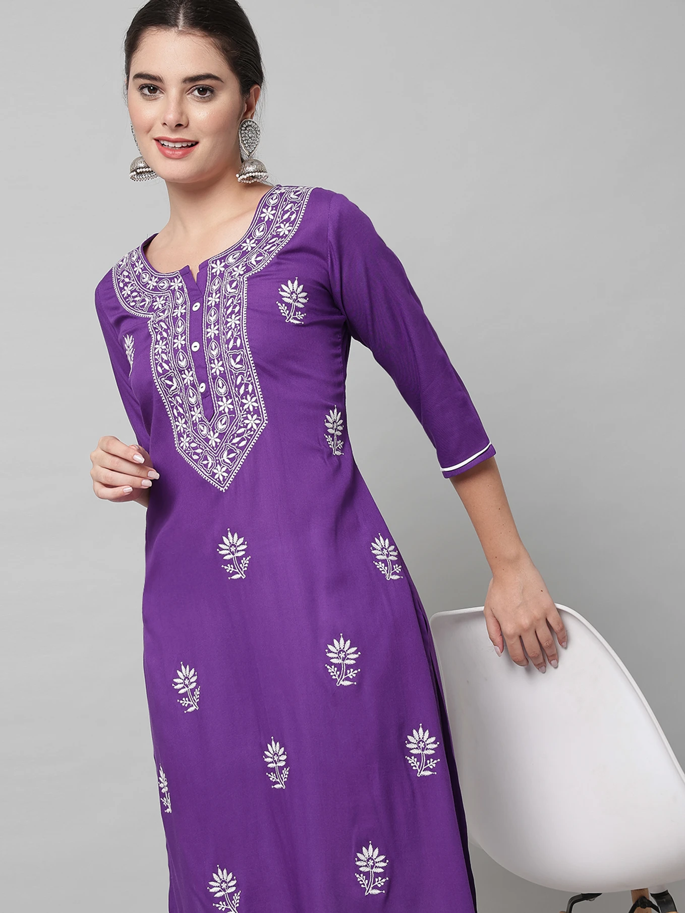 ANGITA Women Chikan Embroidery Cotton Rayon A-line Kurta (Purple)