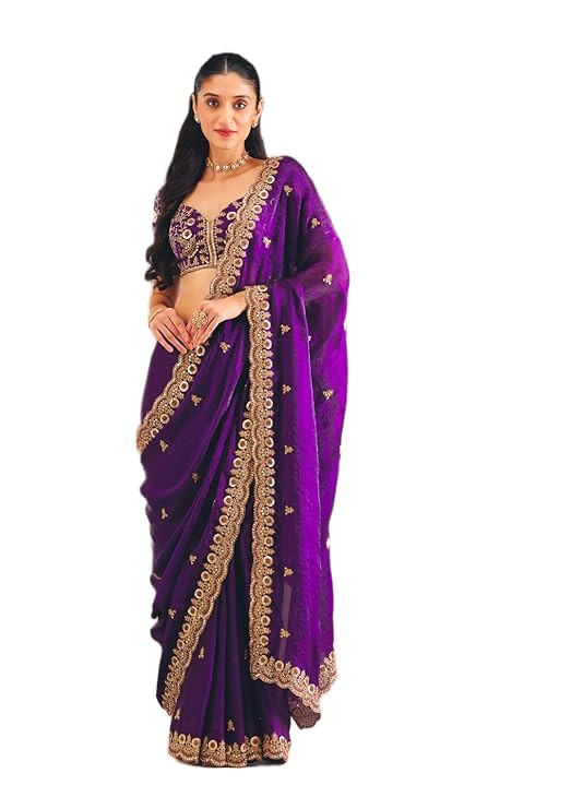 Tavasya Women's Soft Fandy Chiffon Saree with Heavy Embroidery Sequins Work, Elegant Border & Designer Pallu, Paired with Fully Embroidered Fandy Chiffon Blouse Piece