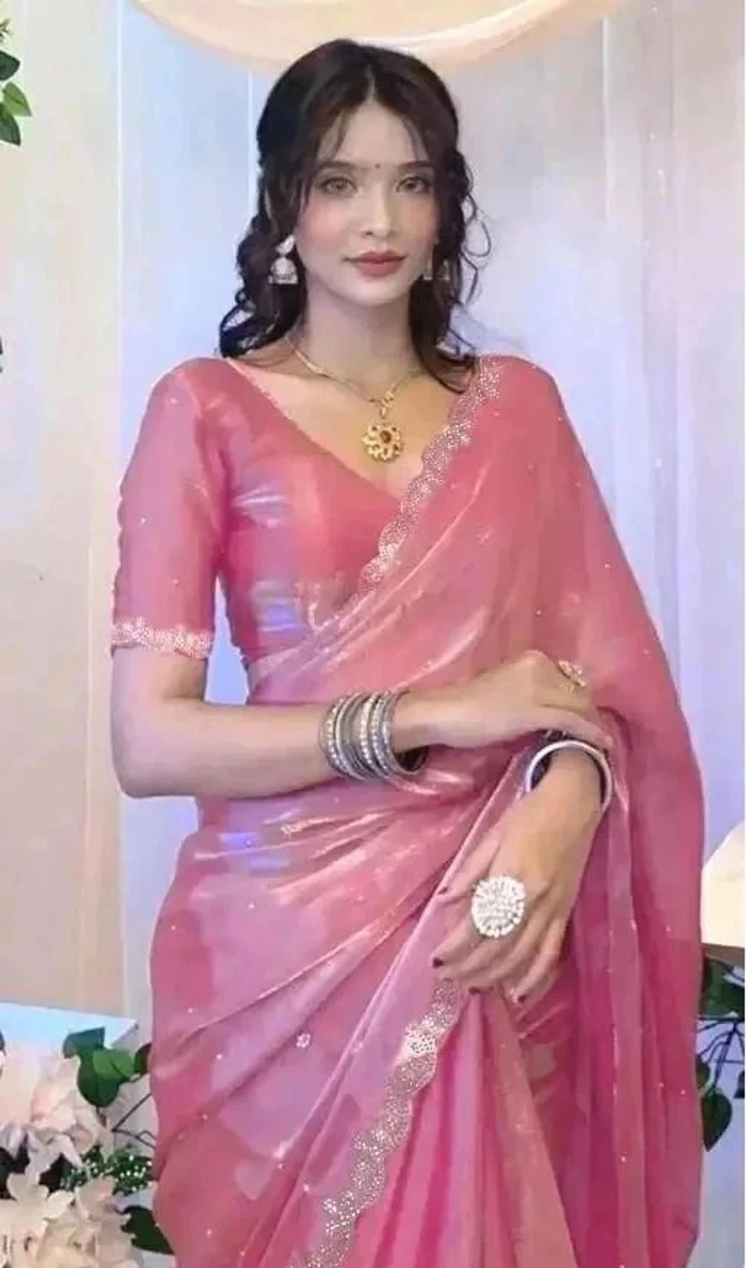 TIGERSNAKE Self Design Bollywood Net Saree (Pink)