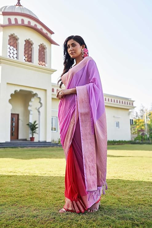 Vardha Women's Pure Georgette Saree with Plain Weave and Unstitched Matching Blouse Piece | Sari for Women