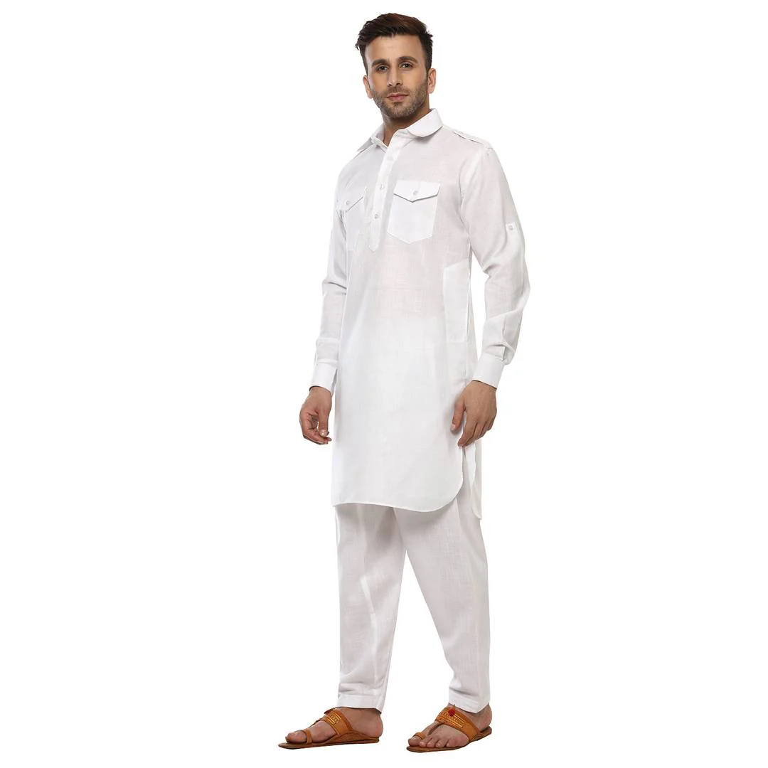 White Cotton Solid Kurta Sets