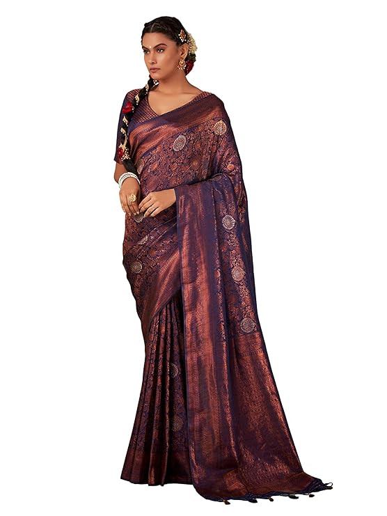 Vardha Women's Kanjivaram Art Silk Saree, Zari Woven, Copper, Unstitched Blouse Anvaya