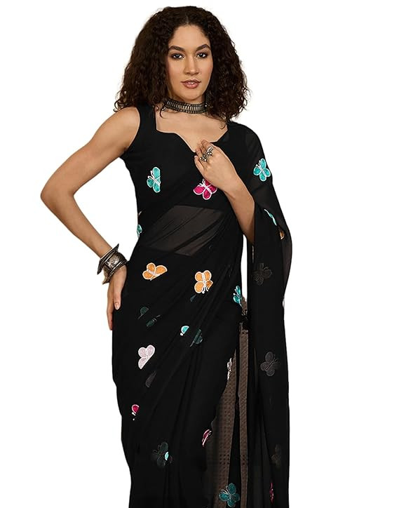 SIRIL Women's Embroidery, Tassels Georgette Saree With Unstitched Blouse Piece