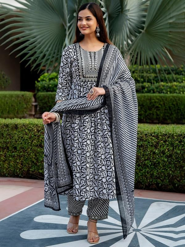 Women Cotton Blend Anarkali Printed Kurta with Pant & Dupatta Set Grey