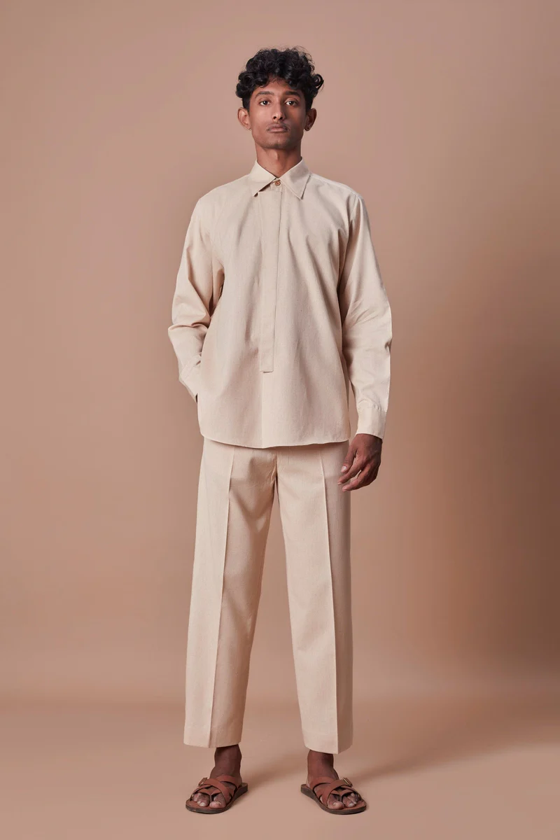 Mati Beige Placket Shirt & Ankle Pant Set