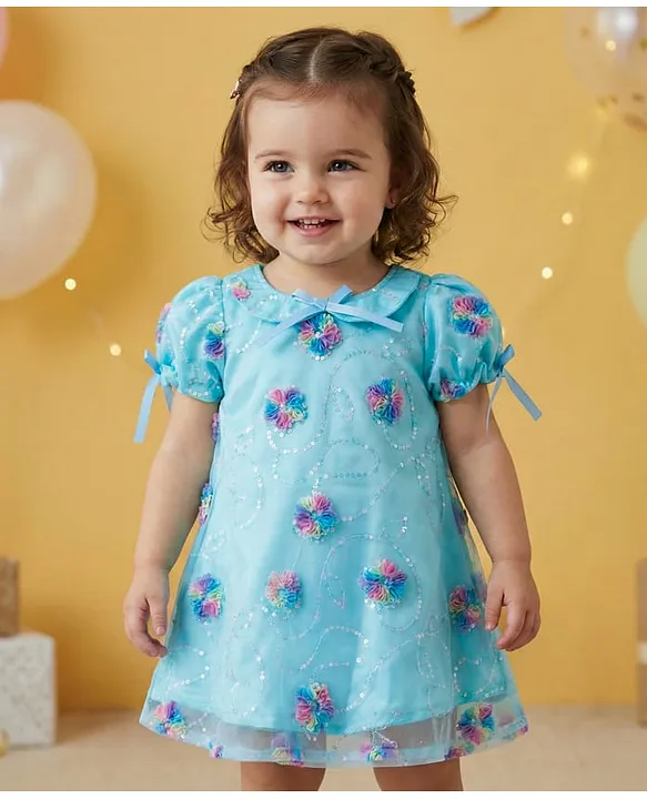 Babyoye Woven Half Puffed Sleeves Floral & Sequin Embroidered Party Dress - Sky Blue