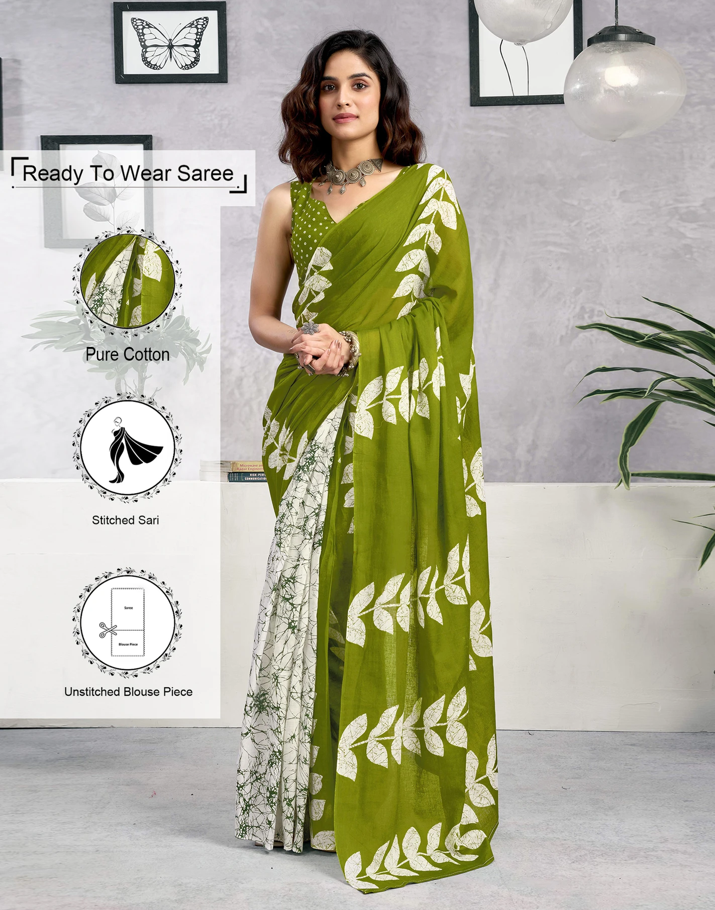 Samah Ready to Wear Blocked Printed, Floral Print, Geometric Print Daily Wear Pure Cotton Saree (Green, White)
