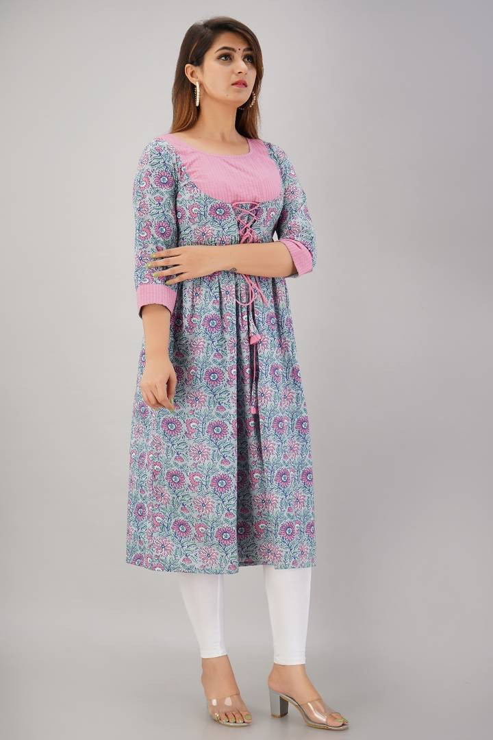 Women's Cotton Floral Print Anarkali Kurta (Blue)