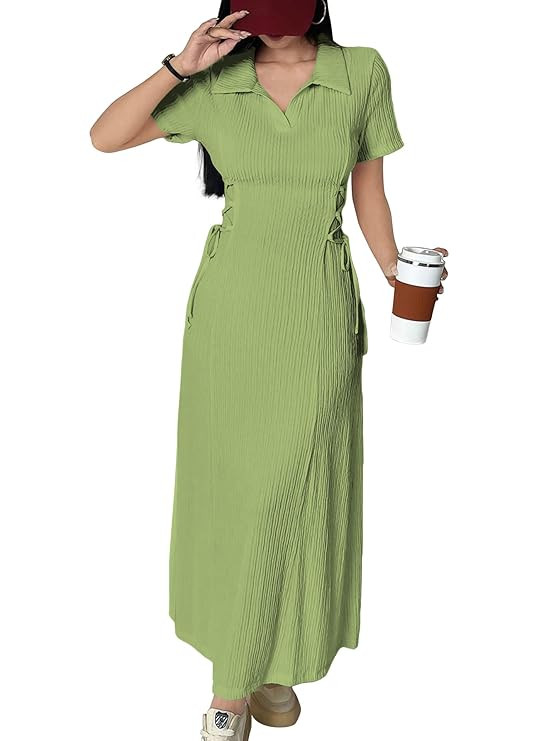 Shasmi Women’s Solid Color Applique Lace-Up Collared Short Sleeve, Side-Tie Waist Long Casual Maxi Women Dress Outfit Long Evening Midi Western Party Dress for Women