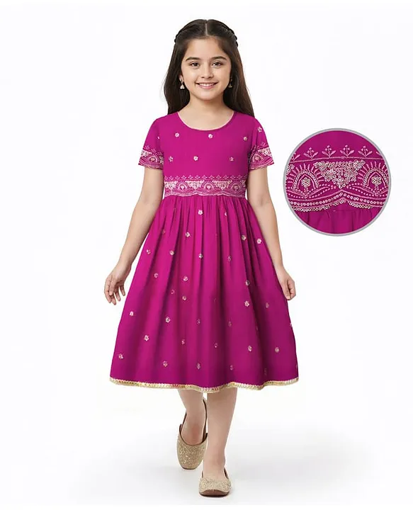 Georgette Woven Half Sleeves Ethnic Dress With Sequin Design & Floral Embroidery - Dark Pink