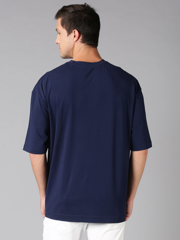 Men Printed Round Neck Cotton Blend Navy Blue T-Shirt