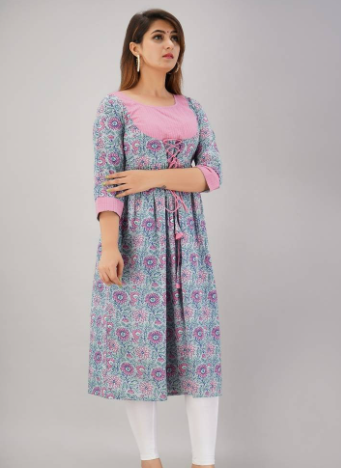 Women's Cotton Floral Print Anarkali Kurta (Blue)