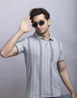 Men Printed Polo Neck Pure Cotton Grey T-Shirt