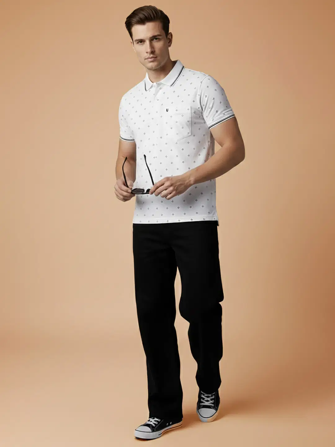 Men Cotton Blend Regular Fit Printed Polo T Shirt ( White )