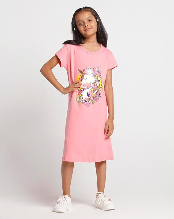 T2F Girls Cotton Printed Regular Fit Knee Length Nightgown
