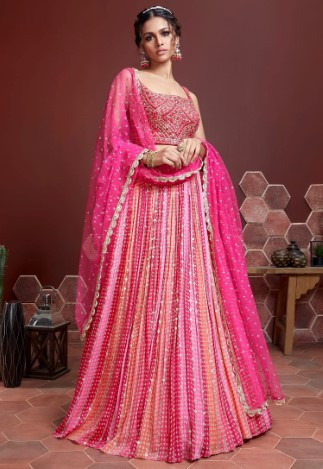 Women's Silk Embroidered Semi-Stitched Lehenga Choli for Women with Dupatta in Pink Free Size)