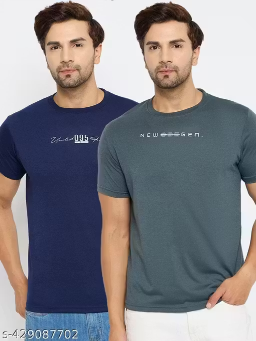 Mens Cotton Blend Navy Casual Wear Regular Fit Printed Tshirt