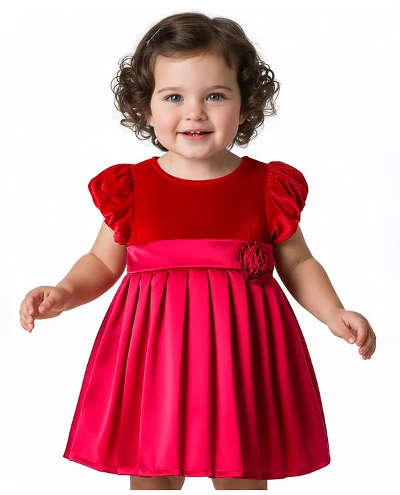 Babyoye Satin Velour Woven Half Puffed Sleeves Party Dress with Floral Applique - Red