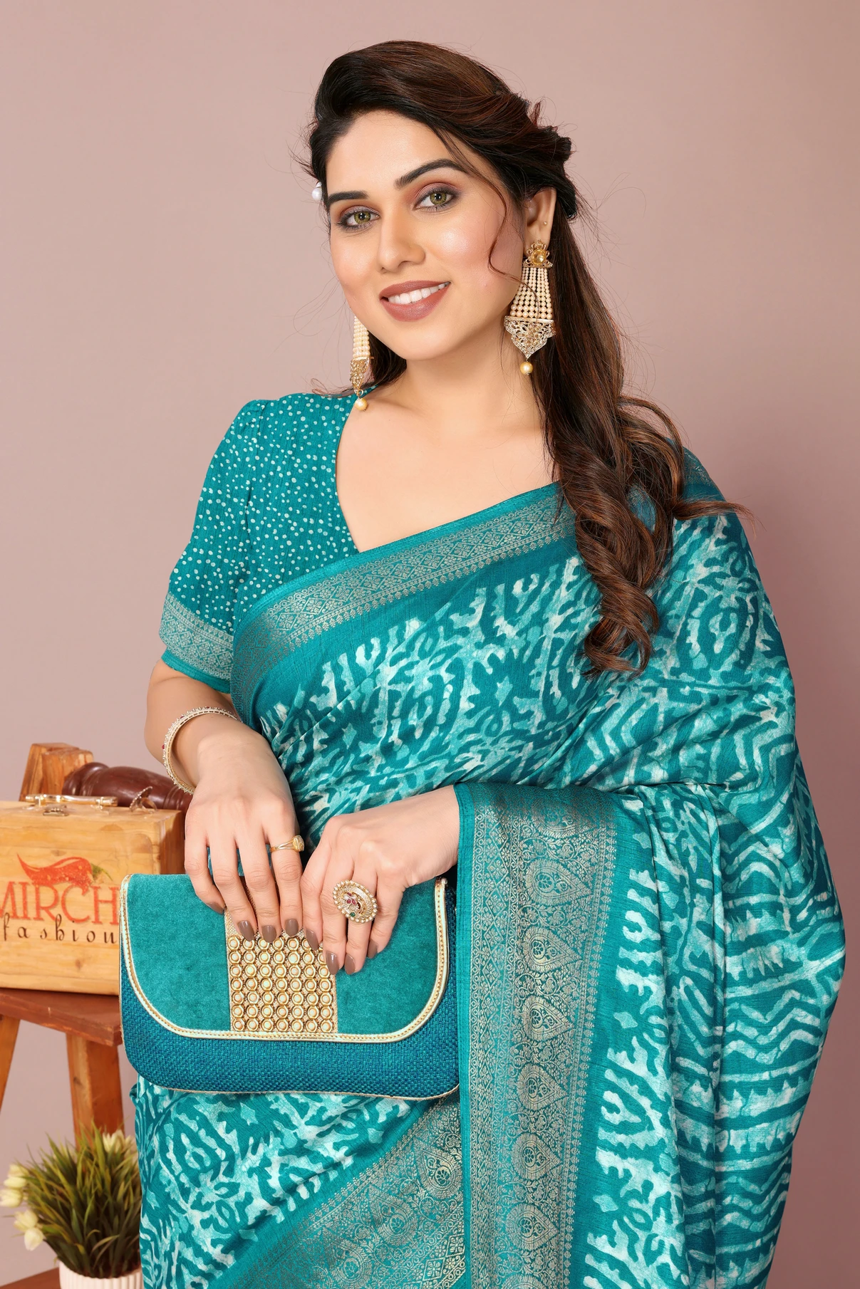 MIRCHI FASHION Ready to Wear Blocked Printed Pre Draped Saree Silk Blend Saree (Light Blue)