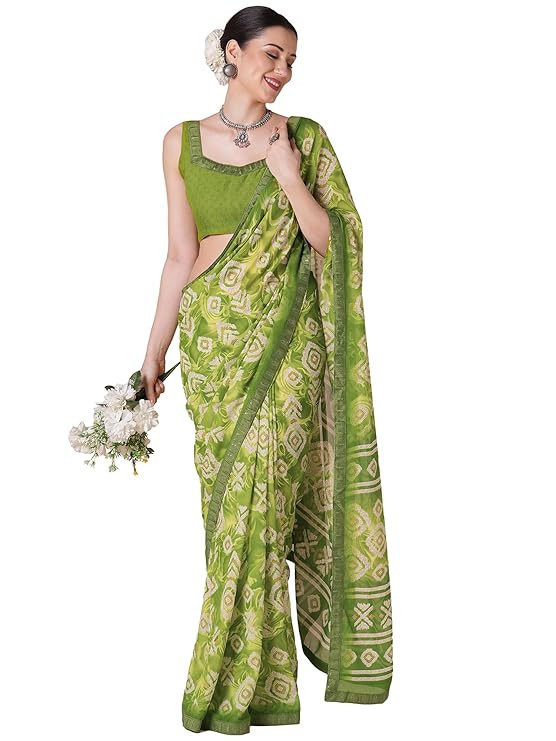 AKHILAM Women's Georgette Bandhani Print Embroidered Lace work Saree With Unstitched Blouse Piece (SURBHI1001_AB_Parent)