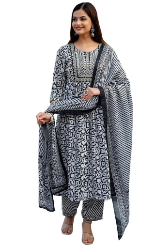 Women Cotton Blend Anarkali Printed Kurta with Pant & Dupatta Set Grey