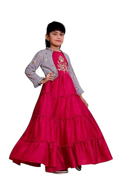 White Button Girls Jacket Style Gown | Designer Embroidered Maxi Dress for Weddings