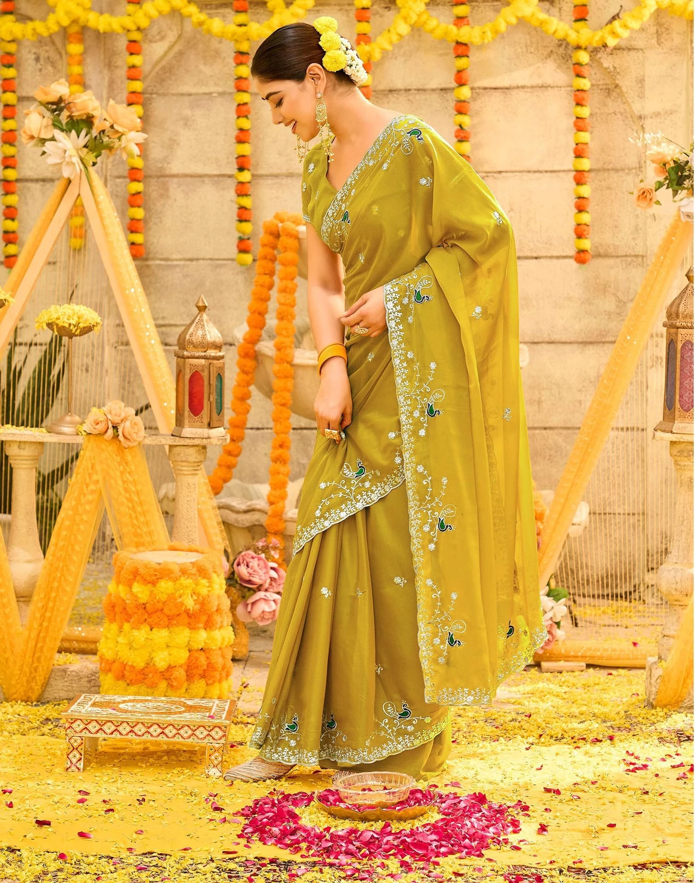Satrani Embroidered, Embellished Bollywood Georgette Saree (Mustard, Yellow)