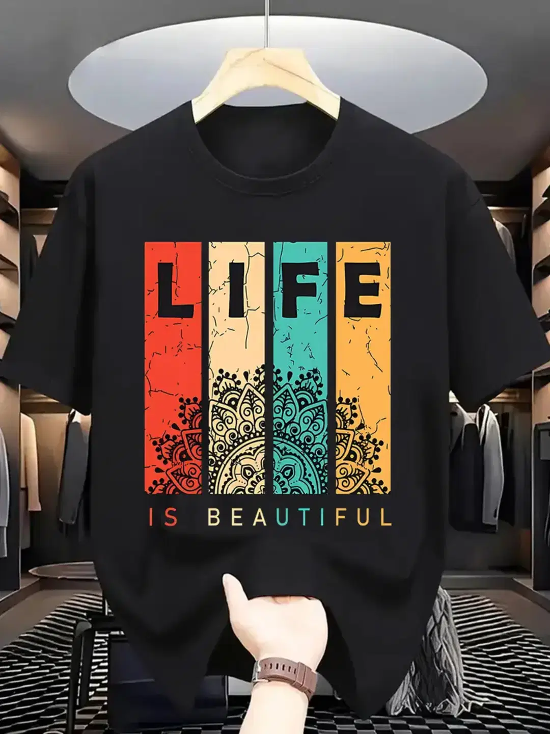 Men Cotton Blend Relaxed Fit Printed T-Shirt ( Black )