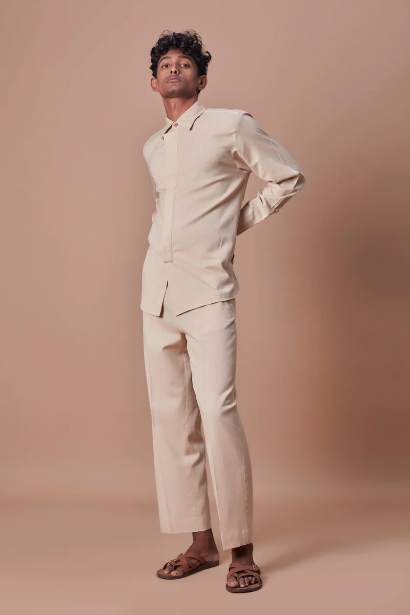 Mati Beige Placket Shirt & Ankle Pant Set