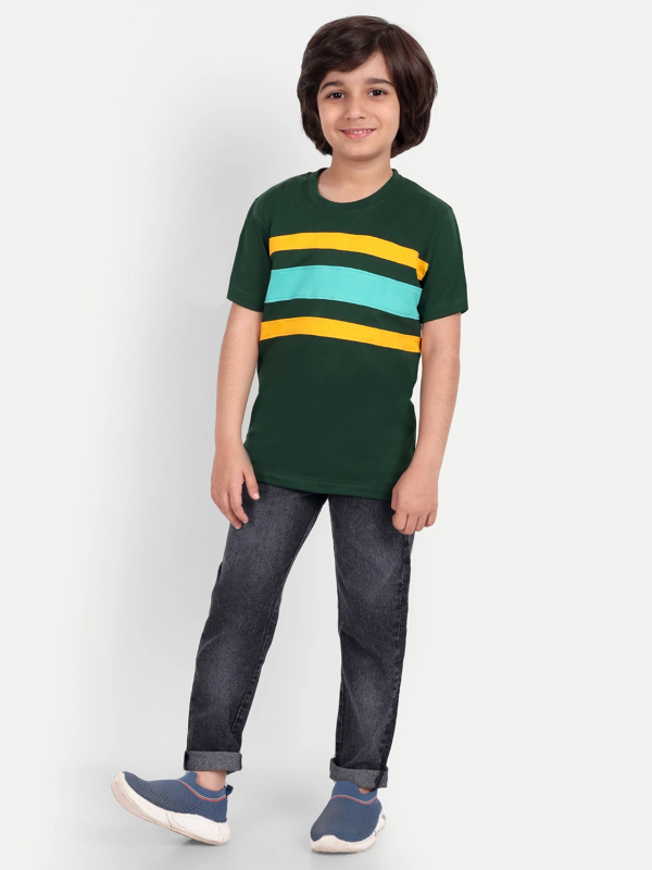 Boys Striped Pure Cotton Regular T Shirt (Green, Pack of 1)