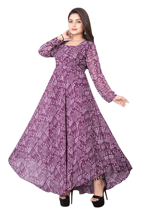 Women's Gorgette Regular Fit Full Length Printed Gown Dress with Elegant Design for Wedding, Parties, Traditional, Festivals, Family Functions