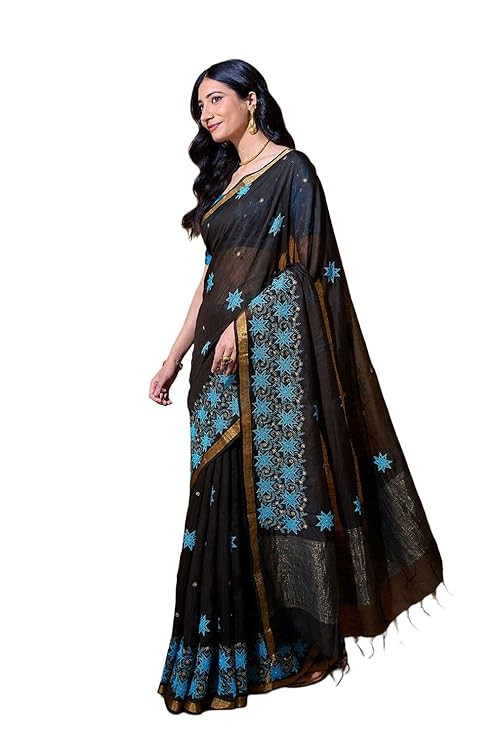 Taneira Women Black Pure Silk Linen Embroidered Saree with Unstitched Blouse Piece