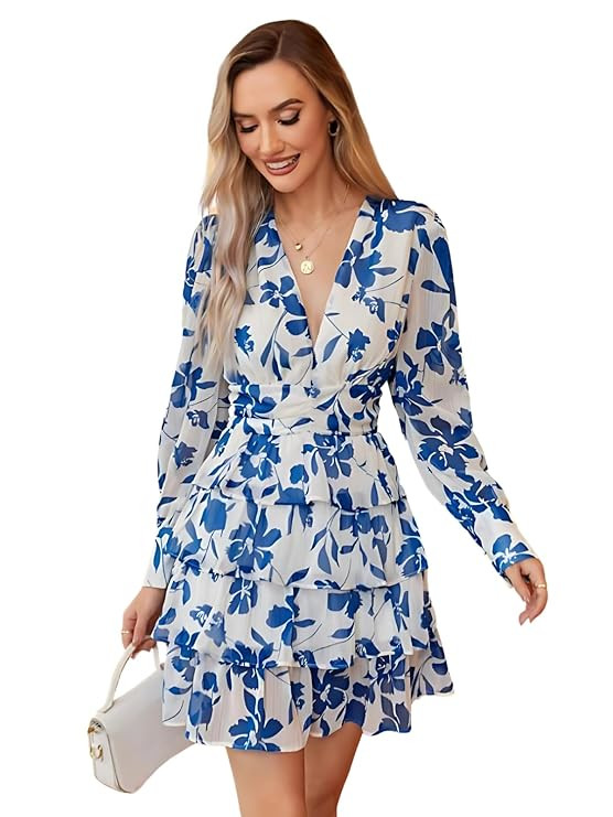 Leriya Fashion Women’s V-Neck Floral Print Ruffle Long Sleeve A-Line Mini Dress | Elegant Casual Party Outfit | Lightweight Layered Summer Wear