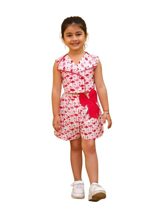AJ DEZINES Kids Cotton Sleeveless Co-ords Set for Girls - Casual Outfit | Vacation Wear |Beach Dress |Swan Printed Top Shorts for girls - Regular Fit