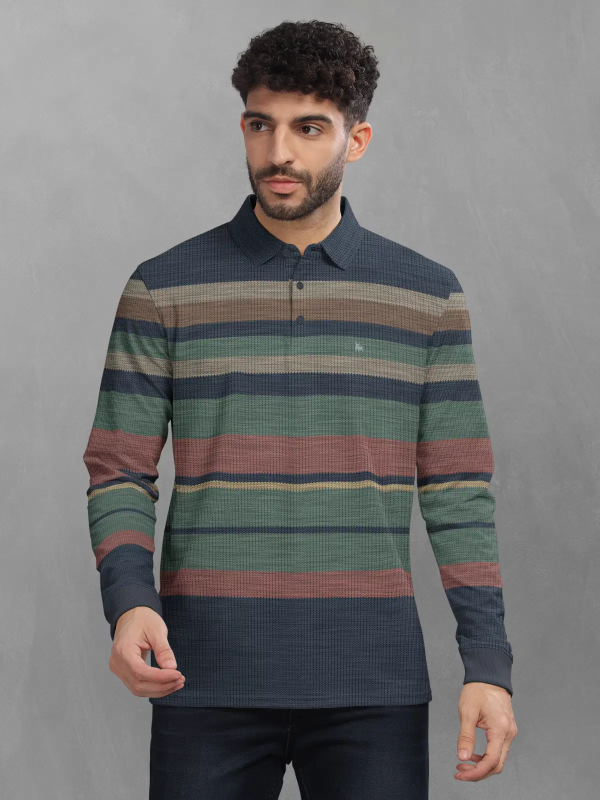 Men Cotton Blend Regular Fit Striped Polo T Shirt ( Green )
