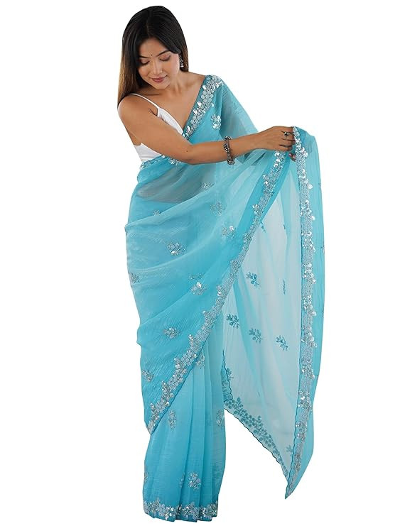 AKHILAM Women's Chiffon Embellished Saree With Unstitched Blouse Piece (AARYAN15801_KR_Parent)