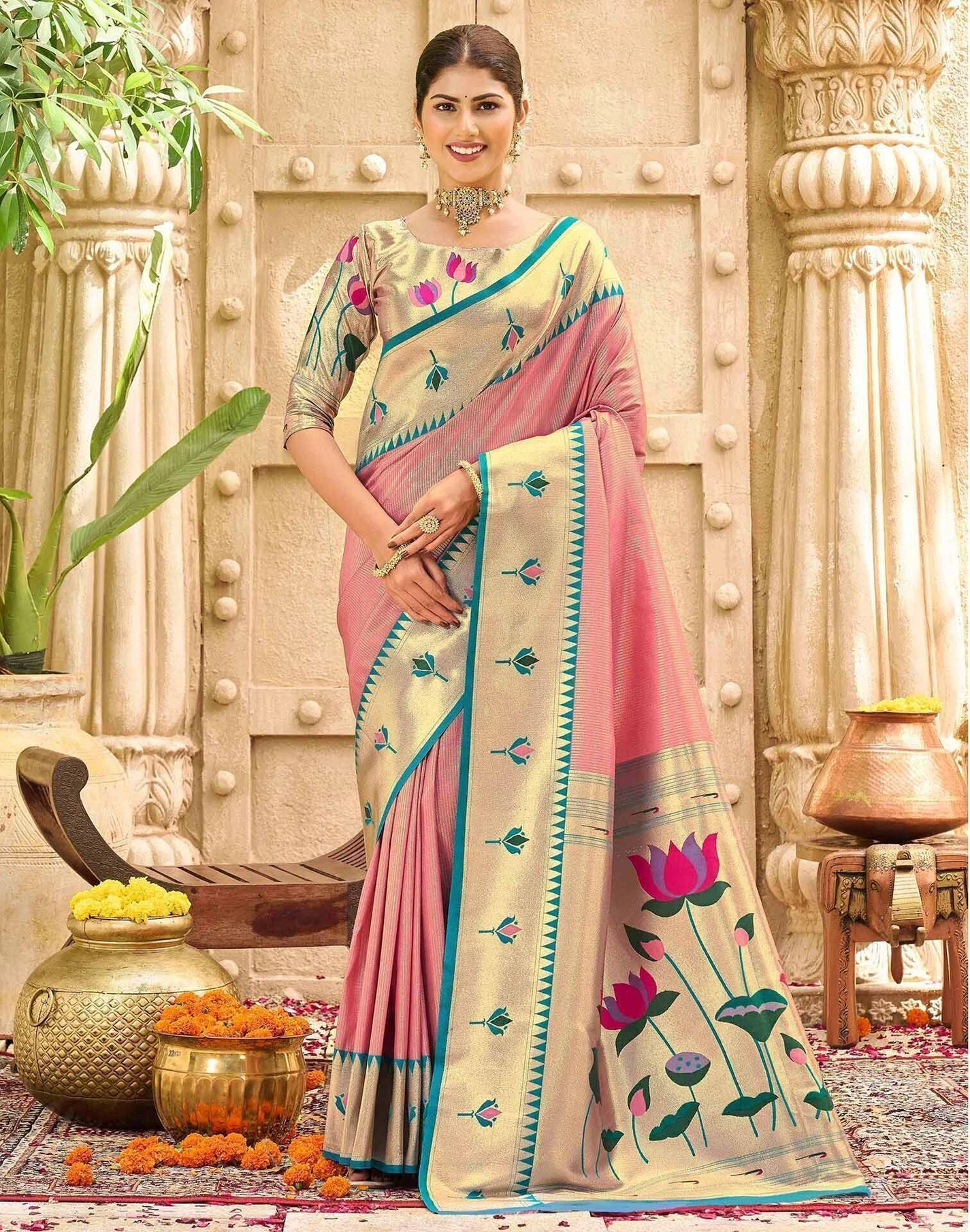 Satrani Woven, Embellished Paithani Pure Silk Saree (Pink)